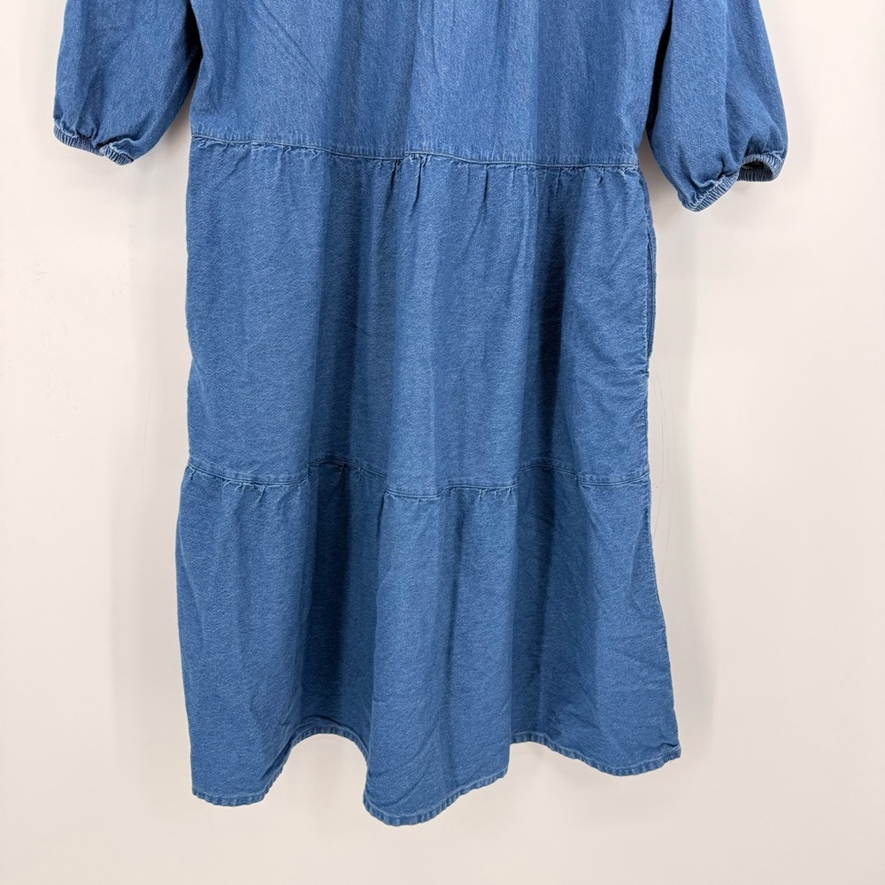 The Vermont Country Store Denim Tiered Midi Muumuu‎ Dress Pockets L Prairie Boho - Picture 7 of 13